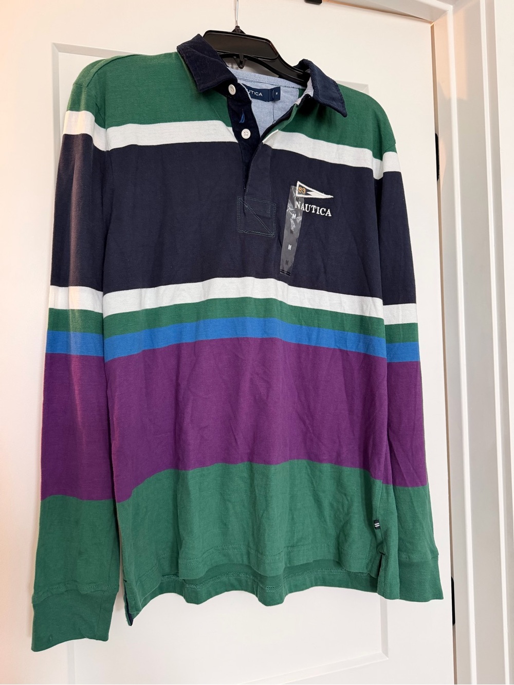 Nautica Men’s Green, Purple & Navy Striped Rugby Shirt